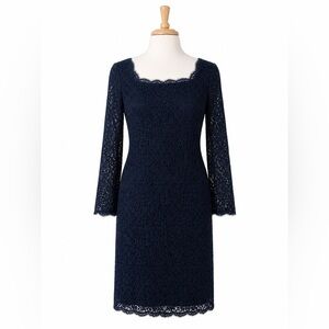 Adrianna Papell Navy Lace Long Sleeve Sheath Dress Elegant Cocktail Formal